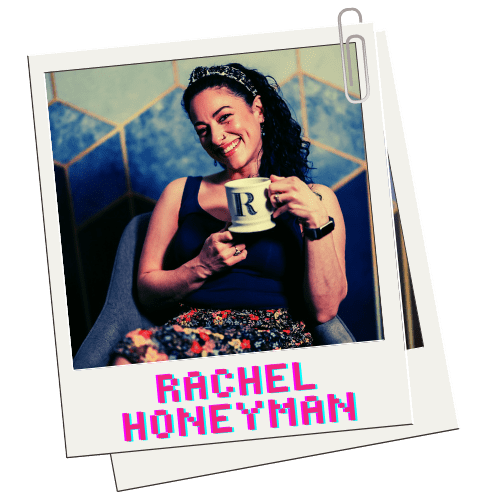 polaroid pic of rachel honeyman smiling at the camera holding a mug with a letter R on it