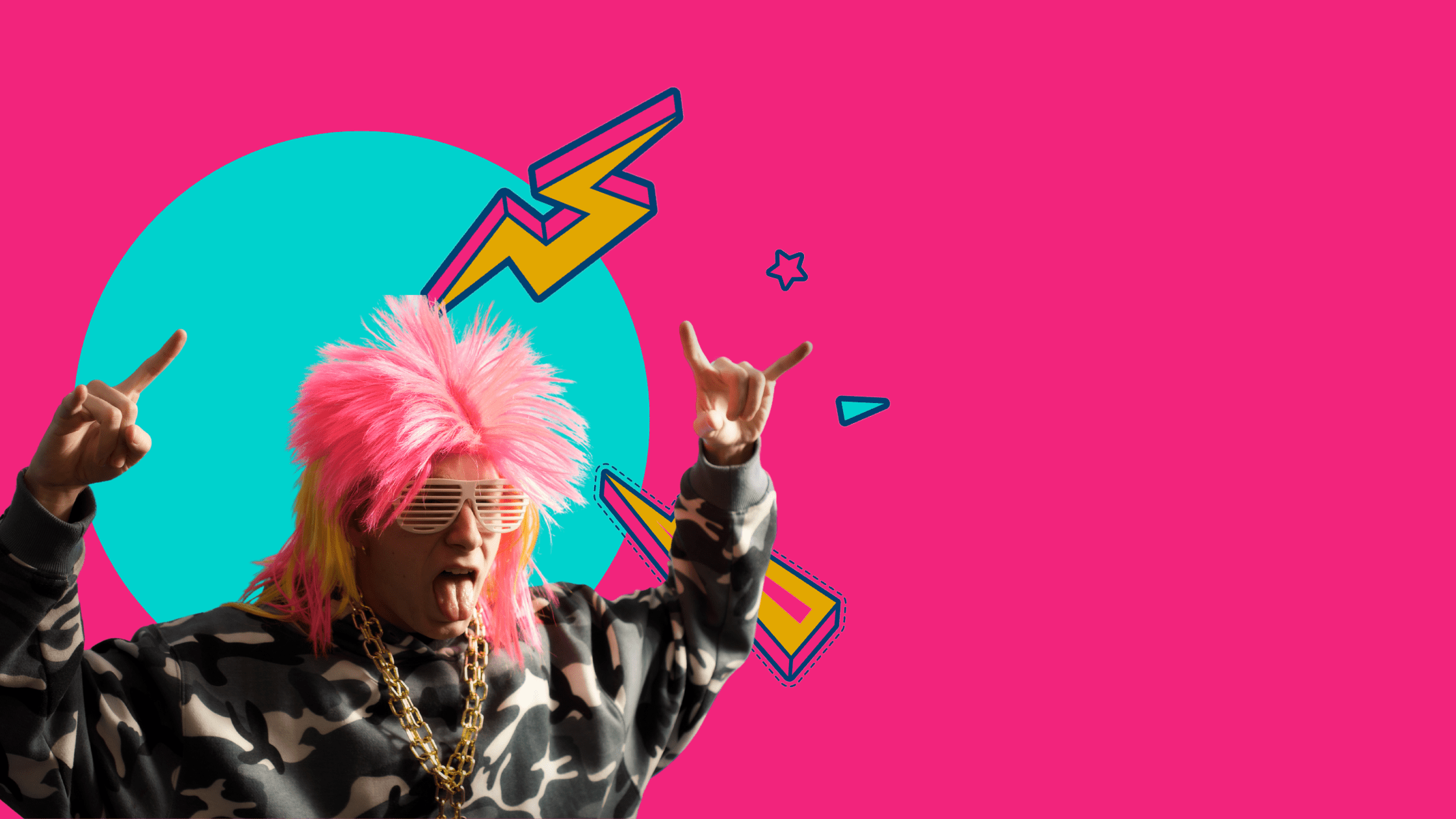 person in pink wig making rockstar symbol with hands