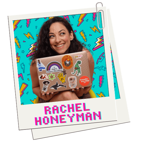 polaroid pic of rachel honeyman smiling to the side with her laptop and lightning background on turquoise color